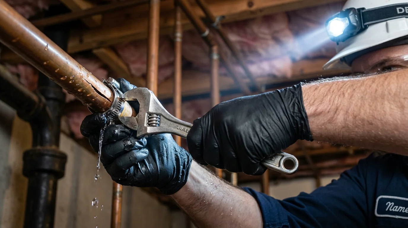 Emergency pipe clamp repair being performed by a Johns Plumbing LLC plumber in Murfreesboro