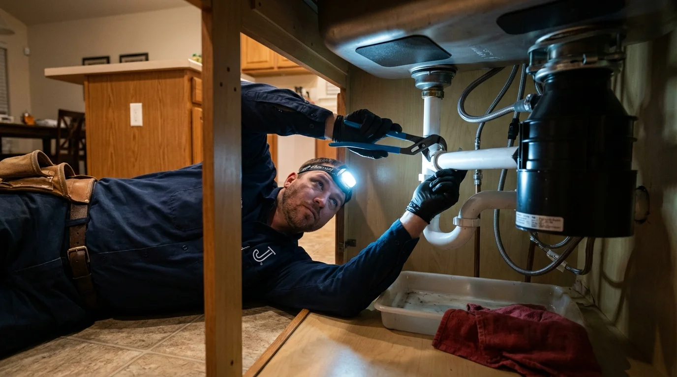 P-trap and supply line connections under a kitchen sink showing a common leak point in Murfreesboro, NC